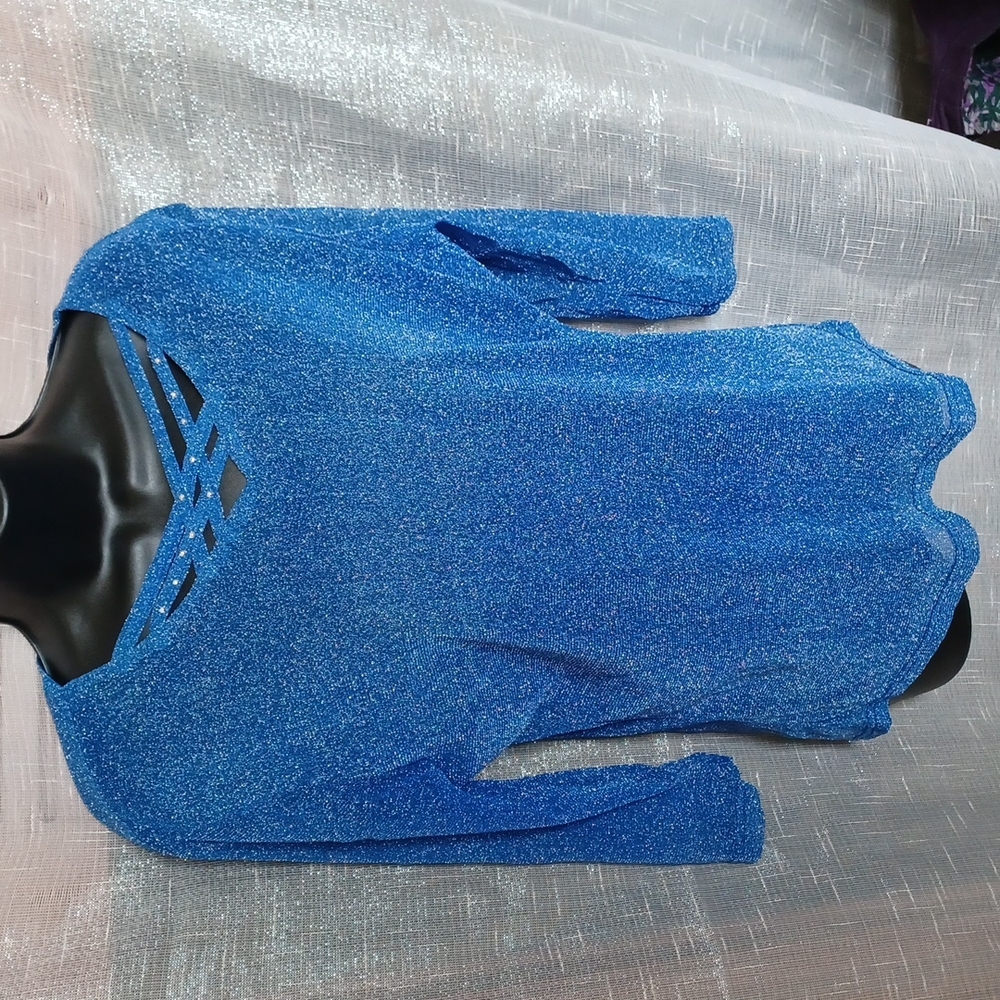 Sparkly blue mesh top with lining, Size L, no tags, stretchy